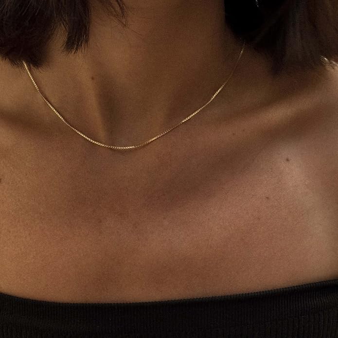 Tewiky Gold Chain Necklace for Women, 14k Gold Plated Thin Beaded Wave Box Necklace Dainty Simple Layered Choker Minimalist Link Chain Necklace Trendy Jewelry for Women