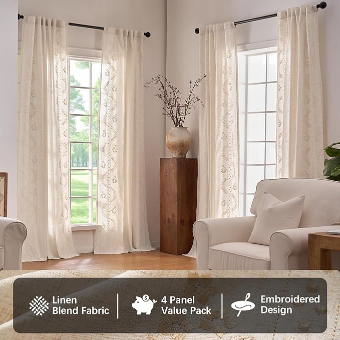jinchan Floral Linen Curtains 84 Inch Farmhouse Back Tab 4 Panels Beige | Embroidered curtains,boho curtains,living room,bedroom,light filtering,privacy,flower patterned drapes,window treatment