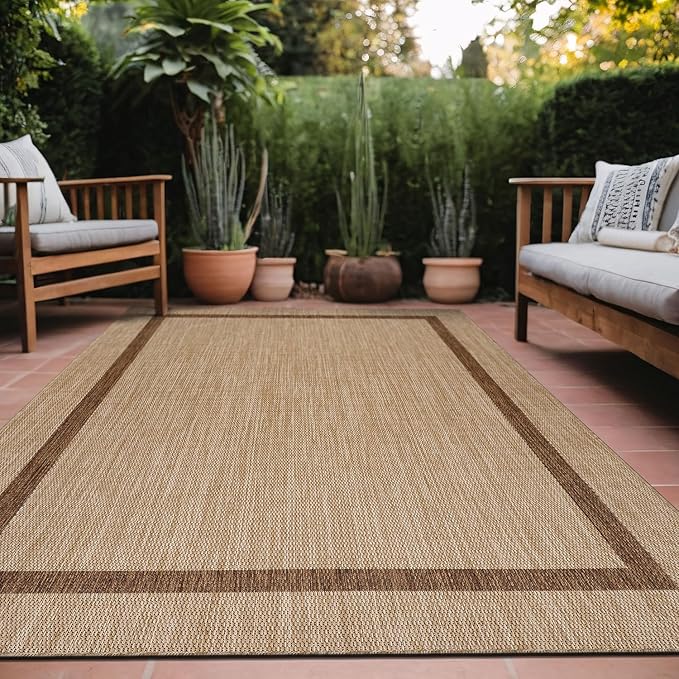 Luul Home Bordered Outdoor Rug 8x10 Washable Outside Carpet for Indoor Patio Porch Waterproof Easy Cleaning Non Shedding Area Rugs Jute Beige - Nut Brown 8 x 10