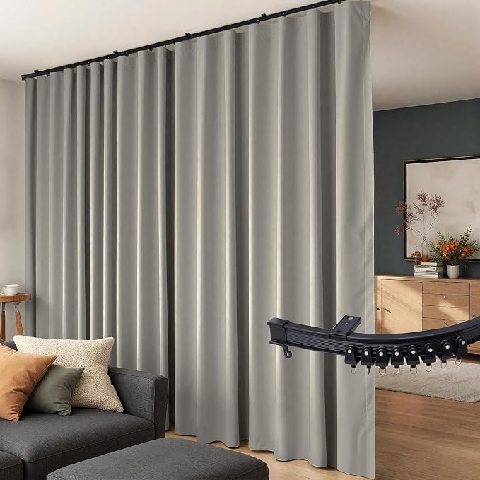 Room Divider Curtains Flexible Ceiling Tracks set Curtain track Ceiling Mount Blackout Curtain for Living Room Bedroom Ceiling Curtain Rod Privacy Divider Panel W180 x H108 Light Grey Drape&Black rail
