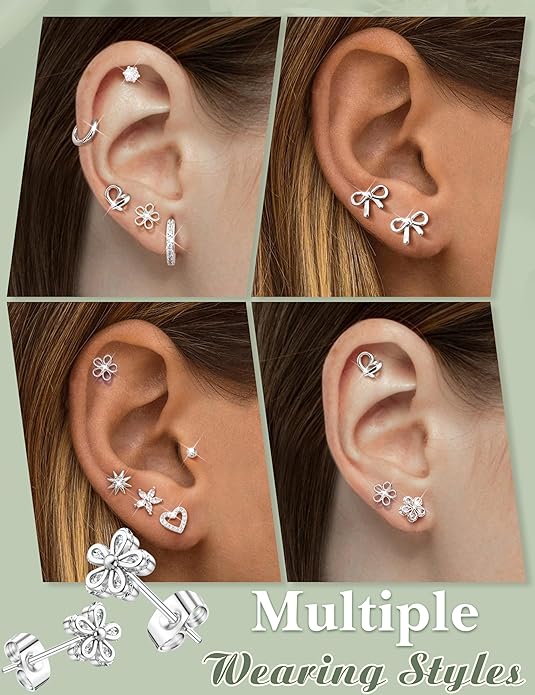 LOYALLOOK Stud Earrings for Women Hypoallergenic, 14K Gold Plated Surgical Steel Earrings for Sensitive Ears Women Dainty Small Heart Flower Bow Earrings for Jewelry Gift