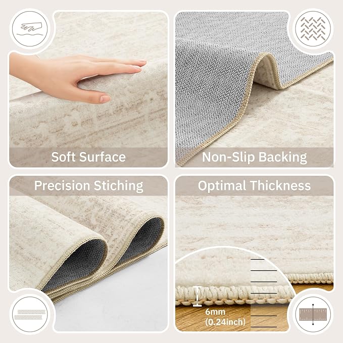 Soalmost Living Room 10x14 Area Rugs, Washable Soft Rug Beige/Cream | Low Pile Non-Slip Stain Resistant Extra Large Thin Rug, Vintage Throw Carpet for Dining Room Bedroom Farmhouse Home Office