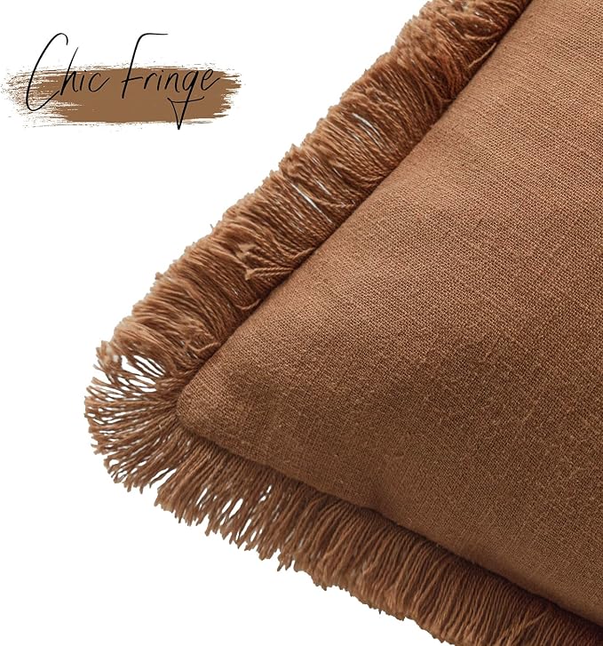 Foindtower Set of 2 Decorative Linen Fringe Throw Pillow Covers Boho Farmhouse Cushion Cover with Tassels Soft Accent Pillowcase for Couch Sofa Bed Living Room Home Decor,20×20 Inch,Orange Brown