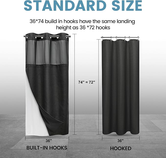 EUTXL Heavyweight Stall No Hook Shower Curtain with Snap in Liner,256GSM Waffle Weave Shower Curtains for Bathroom,36W x 74H,Black