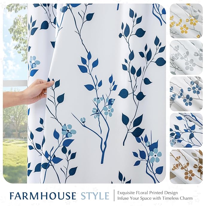 Beauoop Floral 100% Blackout Curtains for Bedroom Navy Blue 52X54 2 Panels | Flower Patterned Navy White Room Darkening Drapes for Living Room Thermal Insulated Soundproof Window treatment Grommet