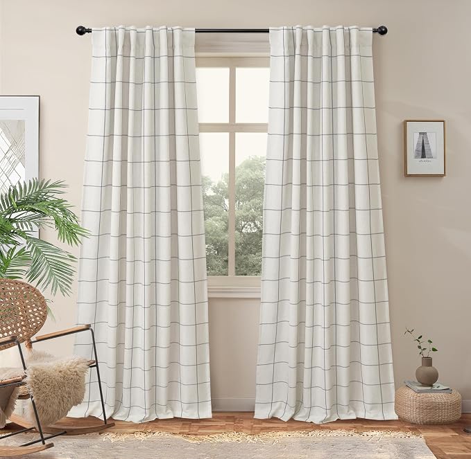 DriftAway 100% Blackout Plaid Linen Curtains 84 Inches Long 2 Panels Gray | 100% Blackout, Linen Texture, Plaid Pattern, Two Layers, Rod Pocket & Back Tab, Bedroom Living Room Use, Luxury Appearance