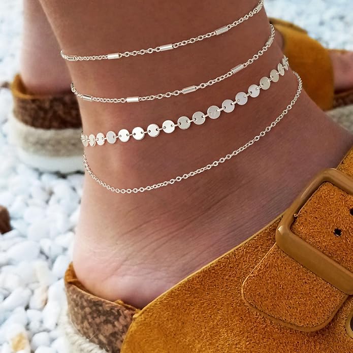 Dainty Gold Double Layer Disc Anklet for Women, 14K Gold Plated Sequin Chain Foot Bracelet, 8.5"+2" Adjustable Delicate Stackable Ankle Bracelet, Minimalist Summer Beach Jewelry Gift for Her