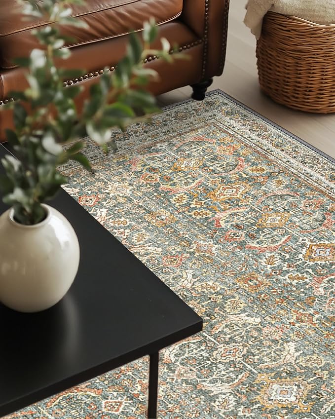 BESBLEE 4X6 Area Rugs Machine Washable Rugs for Living Room, Vintage Boho Large Rugs for Bedroom Dining Room, Non Slip Indoor Soft Distressed Lightweight Thin Low Pile Carpet, Turmeric