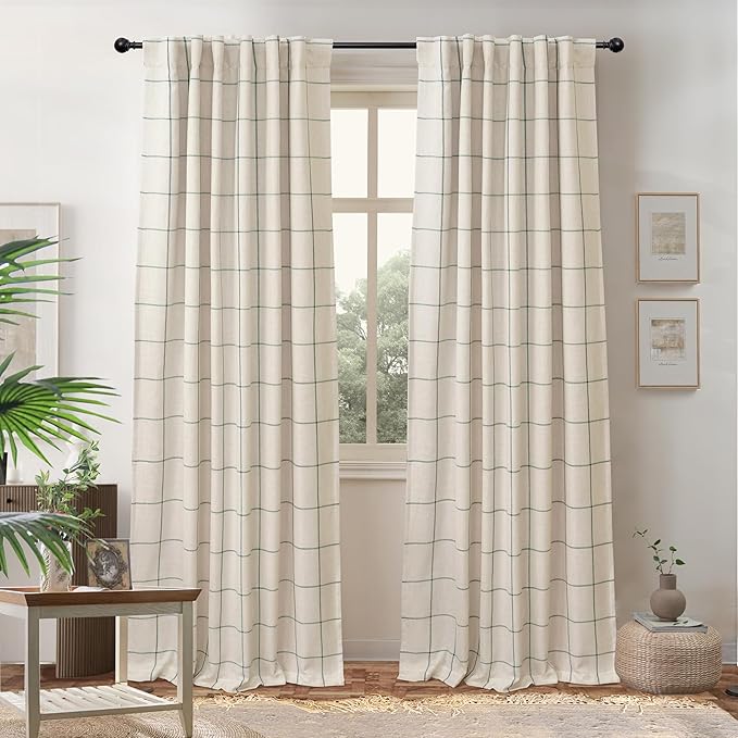 DriftAway 100% Blackout Plaid Linen Curtains W52xL84 Loden Green | 100% Blackout, Linen Texture, Plaid Pattern, Two Layers, Rod Pocket & Back Tab, Bedroom Living Room Use, Luxury Appearance