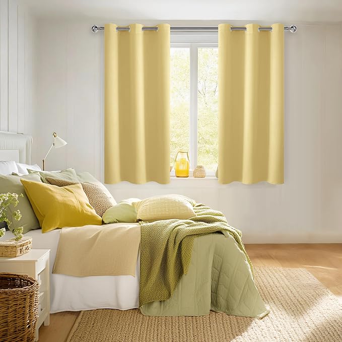 Hiasan Short Blackout Curtains for Bedroom - Thermal Insulated & Energy Saving Window Curtains for Living Room, 2 Drape Panels Sewn with Tiebacks, Light Yellow, 42 x 45 Inch