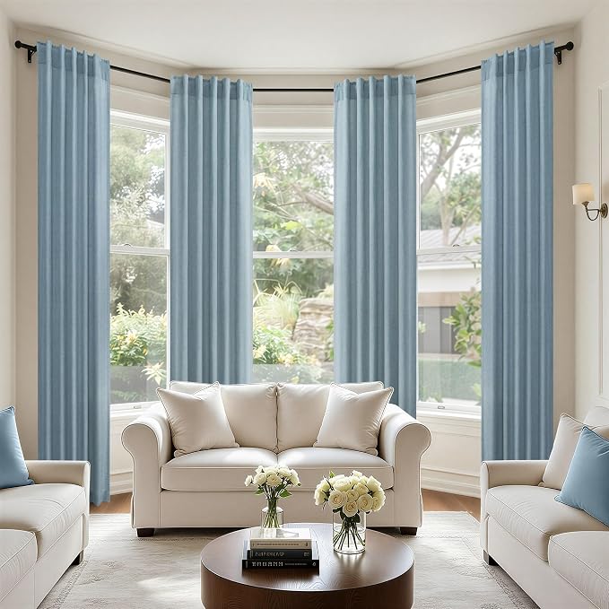 Pitalk Blue Curtains 38 Inch Wide for Small Window 2 Panel Set Back Tab Rod Pocket Linen Blend Semi Sheer Cafe Tier Narrow Curtain for Bathroom Kitchen Door Basement Width 38x45 Inch Length Stone Blue