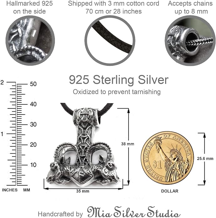 Large Thor Hammer Mjolnir Necklace 925 Sterling Silver - Odins Viking Pendant with Thors Goats and Runes - Mens Pagan Nordic Norse Mythology Jewelry for Men - Handmade - 1oz (27 g)