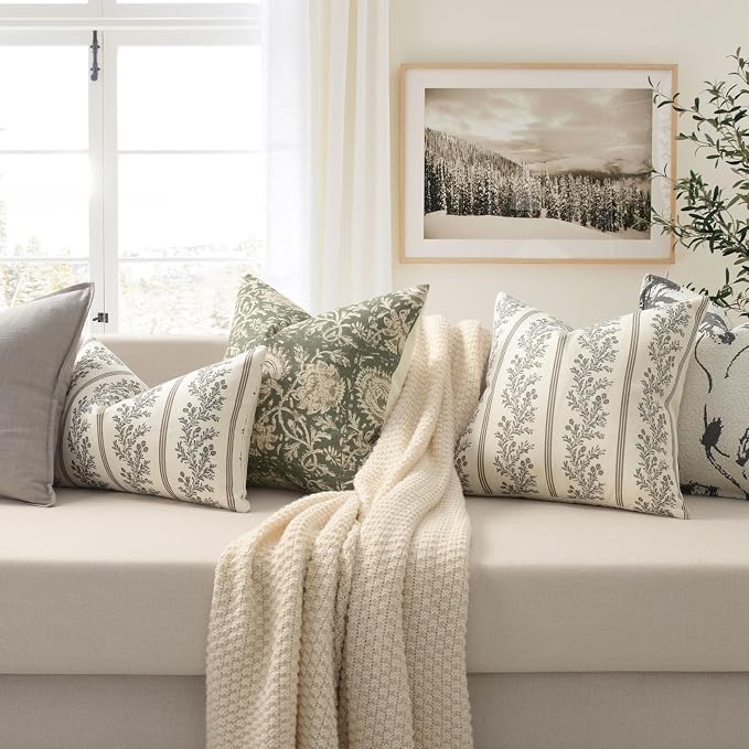 Vintage Throw Pillow Covers 22x22 Set of 2, Striped Floral Pillow Cover Botanical Patterned Decorative Cushion Covers Modern Farmhouse Home Decor for Sofa Couch Bed Living Room, Chocolate