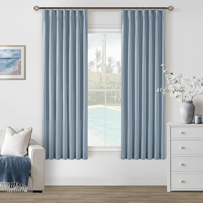Dusty Blue 100% Black Out Pinch Pleated Linen 63 Inch Curtains with Liner | Memory Trained, Thermal Insulated, Heat Blocking, Blackout Curtains for Small Window Dining Room Bedroom 2 Panels W40xL63