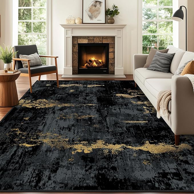 RELEANY Washable Area Rugs 7'x9' Non-Slip Modern Abstract Soft for Living Room Entryway Bedroom Kitchen, Print Pattern, Dark Black Gold