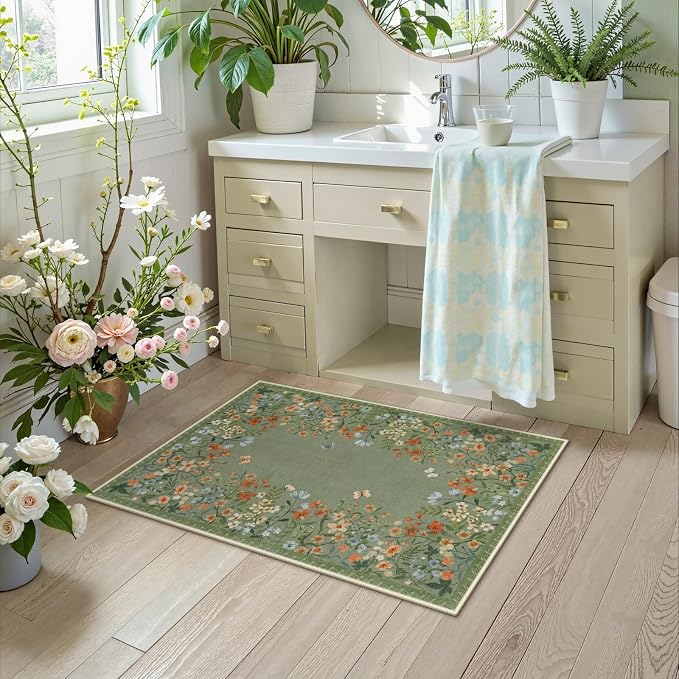Wonnitar 2x3 Washable Area Rug, Green Floral Entryway Rug, Boho Small Non Slip Rug for Bathroom, Soft Kitchen Accent Carpet, Ultra Thin Bedside Laundry Decor (2x3 Green)