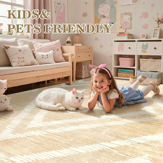 Boho Washable Area Rugs 6x9ft for Living Room, Beige Cream Thin Bedroom Rugs Non Slip, Modern Trellis Soft Kids Nusery Floor Carpets for Dining Room Playroom Home Office Decor