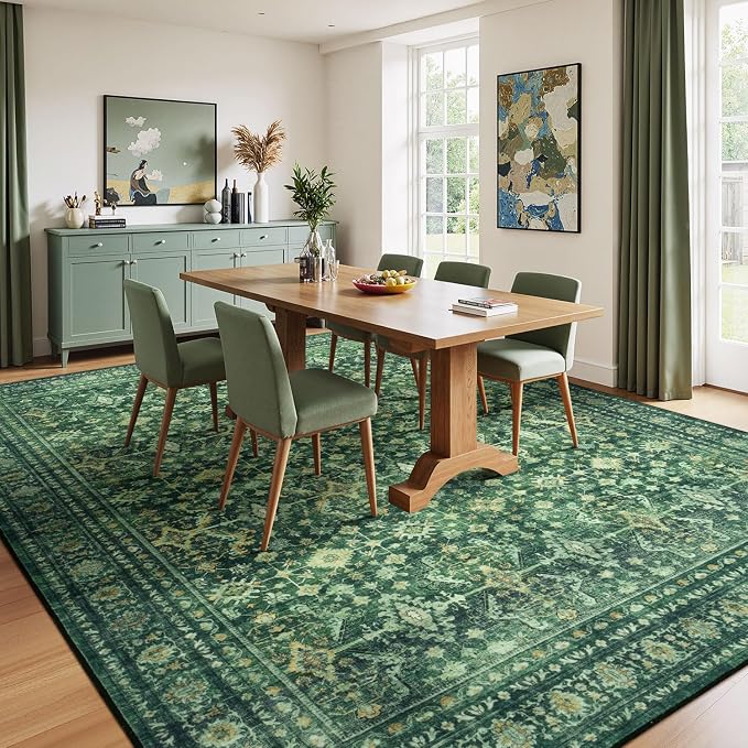 Lessymo Washable Area Rug for Living Room,9x12 Green Large Rugs with Non-Slip Backing,Soft Boho Carpets for Bedroom Dining Room Nursery Home Office