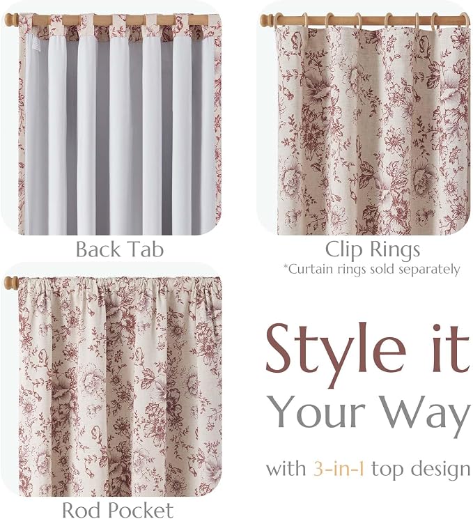 jinchan Red Floral Linen Blackout Curtains Lined 63 Inch Back Tab 2 Panels | Blackout lining, room darkening drapes, farmhouse, vintage, cottagecore, rustic, bedroom, living room, window treatment