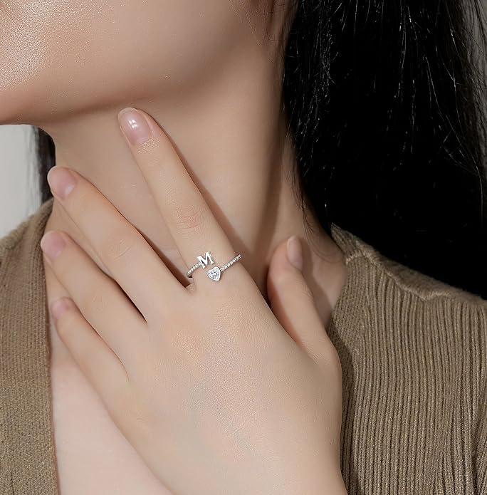 Step Forward 925 Sterling Silver Adjustable Initial Ring for Women | Non Tarnish Letter Rings for Lady | Alphabet Heart Thumb Rings | Capital Letter Jewelry Gifts