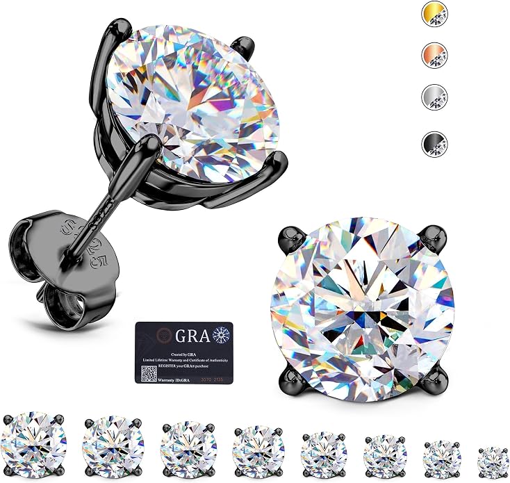 Moissanite Stud Earrings : 18K White Gold Plated Solid 925 Sterling Silver Earring Hypoallergenic Dainty Flat Back Stud Earrings Jewelry for Women Men D Color VVS1 Clarity