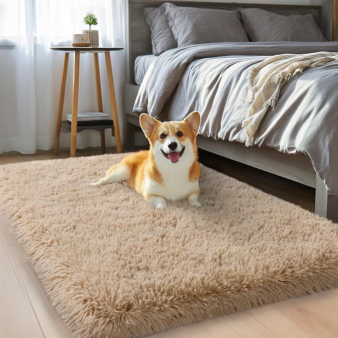 qulint 2x3 Rug for Bedroom, Tan Fluffy Area Rug for Nursery Soft Shag Small Carpet for Kid Room, Fuzzy Shaggy Alfombras para Salas Modernas for Boys and Girls Dorm Home Decor (2ft x 3ft, Light Tan)
