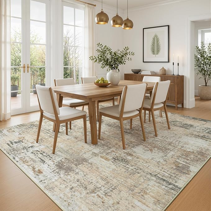 Rugflix 5x7 Area Rugs for Living Room, Washable Large Rug Stain-Resistant Low Pile, Modern Neutral Carpet for Dining Room Home Office Kid Room Nursery Bedroom, Gold/Beige/Grey