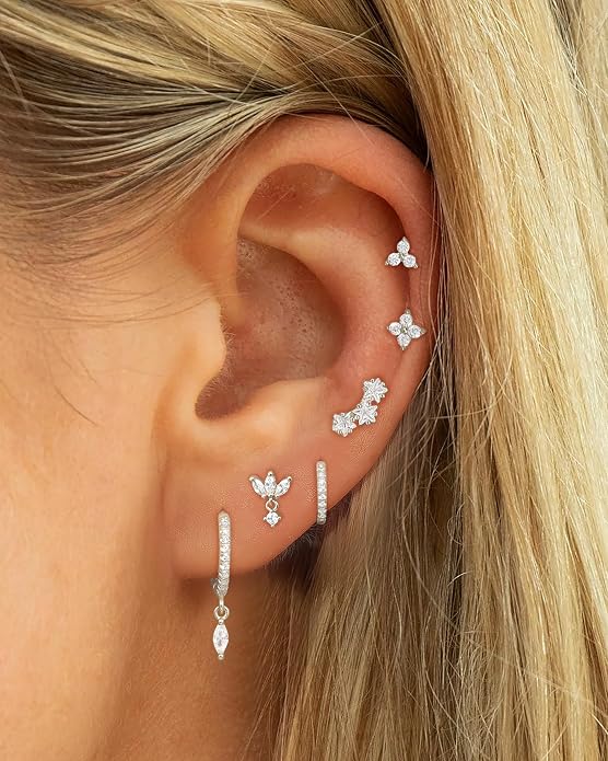 14K Gold Plated Dainty Stud Hoop Earrings for Women 6 Pairs Huggie Hypoallergenic Silver Gold Flat Back Cartilage Stud Earrings Set for Multiple Piercing Luxury Cubic Zirconia Drop Earrings Jewelry Trendy Gifts