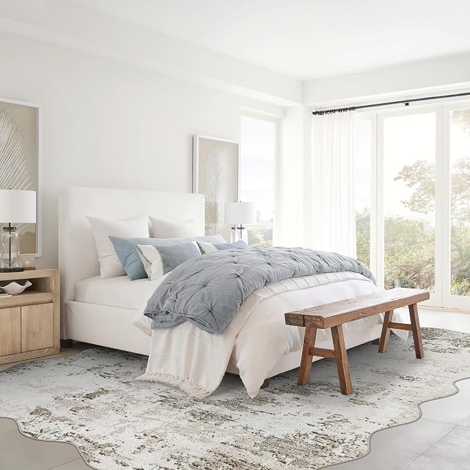ROYHOME 10x13 Modern Scalloped Abstract Faux Wool Accent Rug for Living Room Low Pile Ultra Soft Stain Resistant Non Slip Non Shedding Throw Rug for Bedroom Home Decor, Taupe