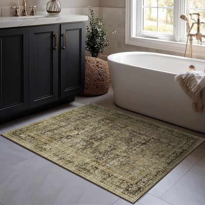 Washable 2x3 Entryway Rug, Boho Vintage Non-Slip Door Mat, Dark Green | 0.3" Neutral Throw Small Rugs for Bedroom Kitchen Nursery Entrance, Cushioned for High-traffic Area
