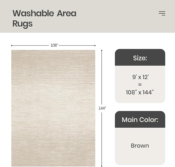 Valenrug Washable Rugs 9x12 - Stain Resistant Area Rugs 9x12 Living Room, Non Slip Backing Gradient Printed Rugs for Bedroom, Foldable Machine Washable Area Rug(9'x12', Brown)