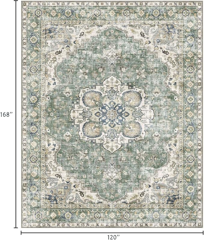 LUXRUG Area Rugs 10x14 Living Room - Large Washable Sage Green Boho Rugs for Bedroom Soft Vintage Rug Ultra-Thin Farmhouse Oriental Carpet Medallion Rug for Dining Room Guest Room Home Decor