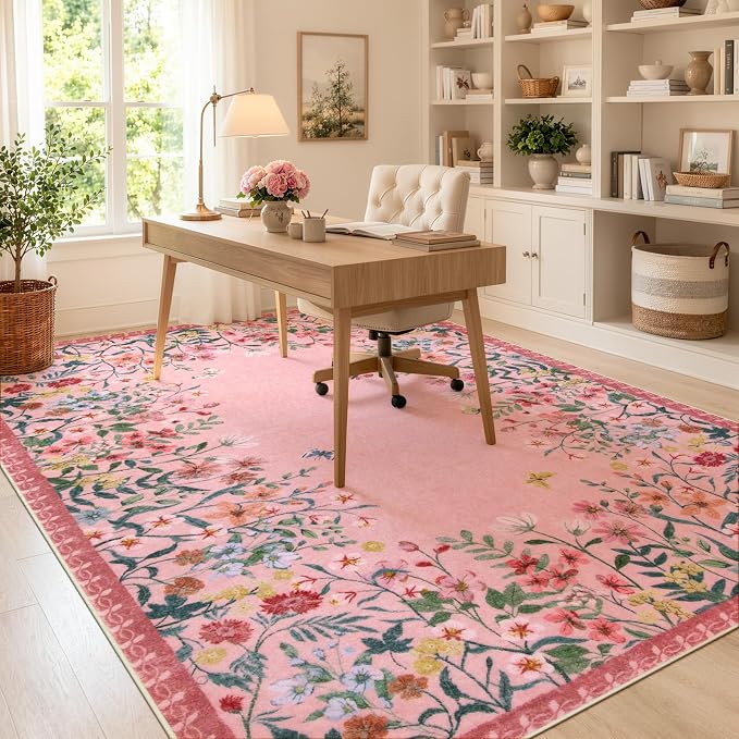 Wonnitar 8x10 Washable Area Rug, Pink Floral Rug for Girls Bedroom, Boho Botanical Large Carpet for Living Room, Non Slip Cute Nursery Rug, Farmhouse Kids Playroom Decor (8x10 Pink)
