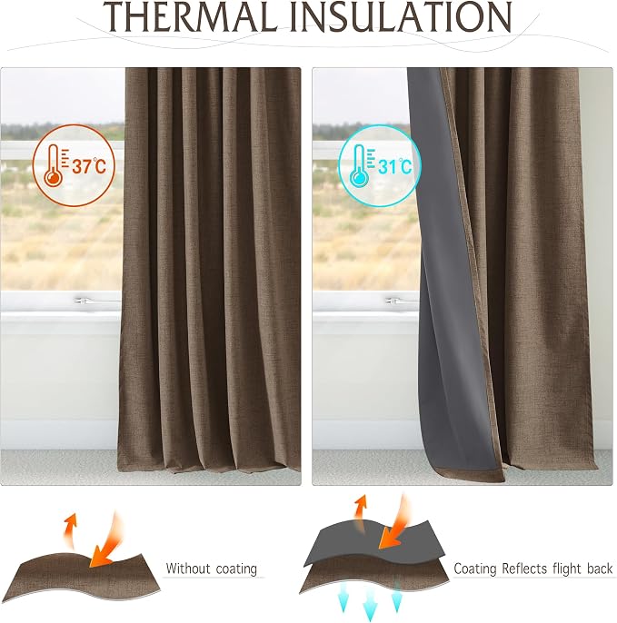 RYB HOME Brown 100% Blackout Curtains 63 inch Long, Light Blacking & Thermal Insulated Linen Curtains for Nursery/Bedroom/Boys'Room, Back Tab & Rod Pocket Window Treatment, W52 x L63, 2 Panels