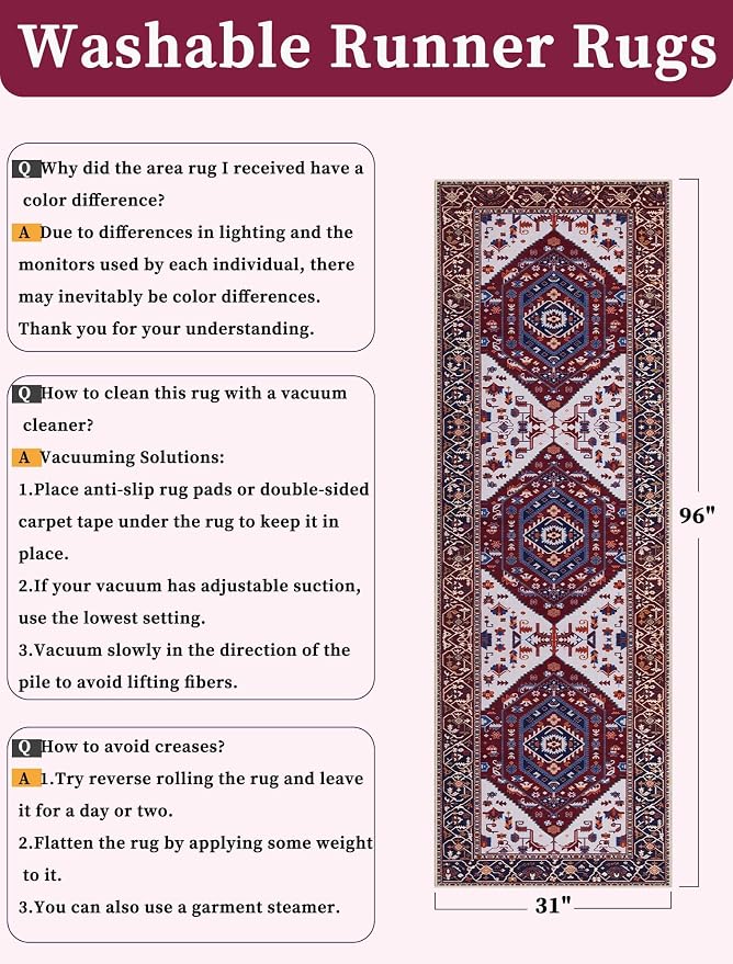 SERISSA Runner Rug for Hallways, 2'6"x8' Washable Non Slip Kitchen Runner Rug, Long Boho Rug Vintage Burgundy Navy Hallway Stair Ultra Soft Print Floor Carpet for Bedroom Bathroom Laundry Room