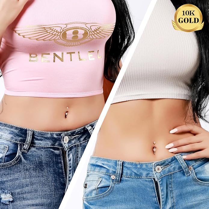 Melighting 14K Solid Gold Belly Button Ring Heart Belly Ring Gold Dangle Belly Piercing Jewelry 14G Navel Ring for Women