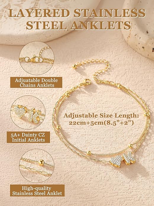 KeyStyle Initial Ankle Bracelets for Women, Stainless SteeL Heart Anklets – Waterproof Layered CZ Initial Anklets,Dainty Summer Foot Jewelry, Mom Birthday Surprises,Gold/Silver