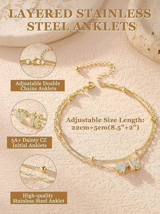 KeyStyle Initial Ankle Bracelets for Women, Stainless SteeL Heart Anklets – Waterproof Layered CZ Initial Anklets,Dainty Summer Foot Jewelry, Mom Birthday Surprises,Gold/Silver