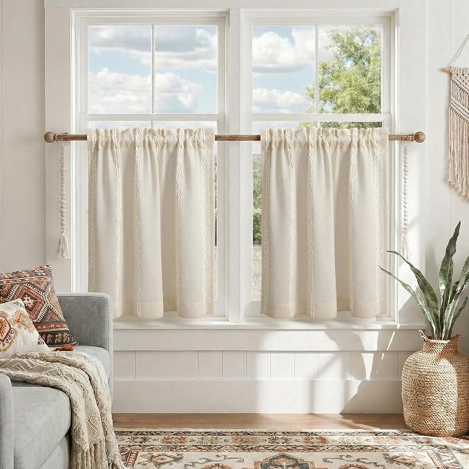 Boho Kitchen Cafe Curtains 25x24 Inch, Beige Linen Blend Embroidered Light Filtering Curtains for Small Kitchen Window, 2 Panels
