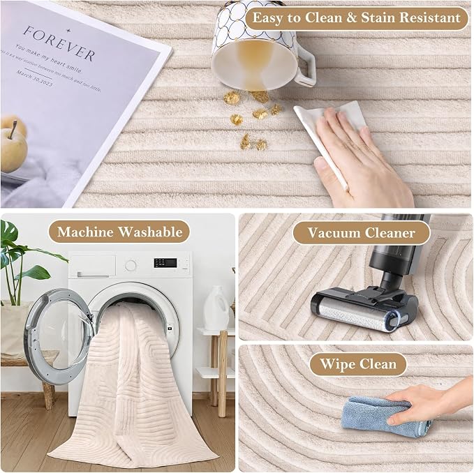 Ciicool 2x6 Washable Runner Rug,Beige Solid Hallway High-Low Pile Carpet | Modern Textured Soft Fluffy Non Slip Plush Carpet Stain Resistant Bedside Bedroom Dining Room Kitchen Entryway indoor Decor