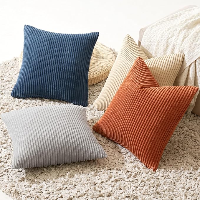 MIULEE Boho Farmhouse Throw Pillow Covers 18x18 Inch Set of 4 Summer Mordern Neutral Cushion Covers Soft Corduroy Nordic Home Decor for Couch Bed Sofa Living Room Blue-Yellow