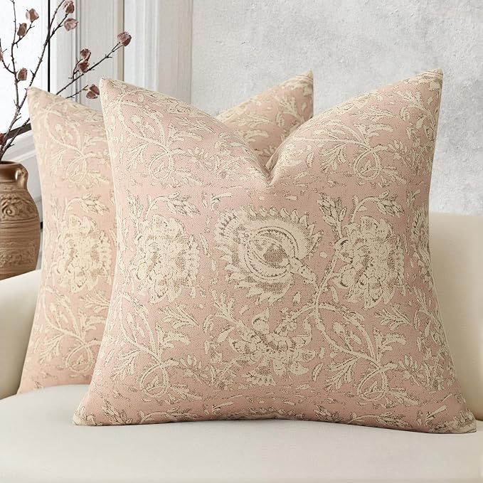 Vintage Floral Print Throw Pillow Covers 22x22 Set of 2 Neutral Modern Farmhouse Pillowcases Accent Decorative Cushion Covers Boho Home Decor for Couch Sofa Chair Bed Living Room, Champagne Pink
