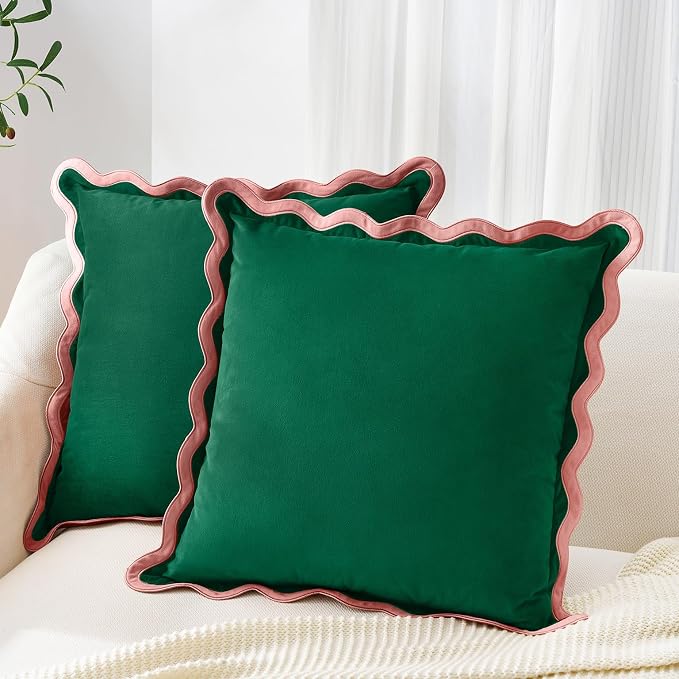 MONDAY MOOSE Decorative Throw Pillow Covers Cushion Cases, Set of 2 Soft Velvet Scalloped Wavy Edge Designs, Mix and Match for Home Decor, Pillow Inserts Not Included (20x20 inch, Pink/Green)