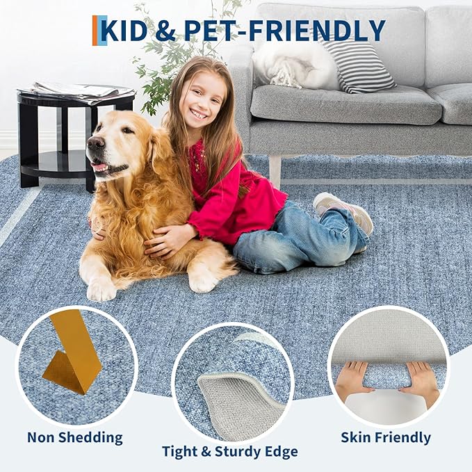GarveeHome Scalloped Large Living Room Area Rug 8x10 - Machine Washable Modern Rugs Bordered Neutral Rug Non-Shedding Low Pile Farmhouse Carpet for Bedroom Nursery Classroom Dorm 8 ft x10 ft Blue