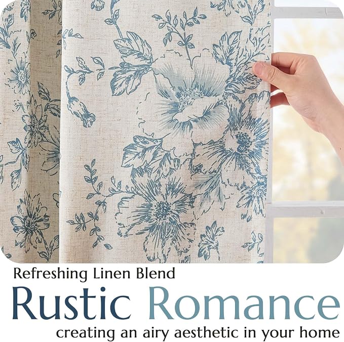 jinchan Blue Floral Linen Blackout Curtains Lined 90 Inch Back Tab 2 Panels | Blackout lining, room darkening drapes, farmhouse, vintage, cottagecore, rustic, bedroom, living room, window treatment