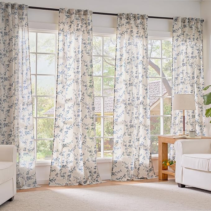 Lazzzy Floral Linen Curtains Farmhouse Extra Long Curtain for Living Room Bedroom Light Filtering Vintage Rod Pocket Back Tab Drapes for Home, 2 Panels, Blue on Beige, W38 X L108