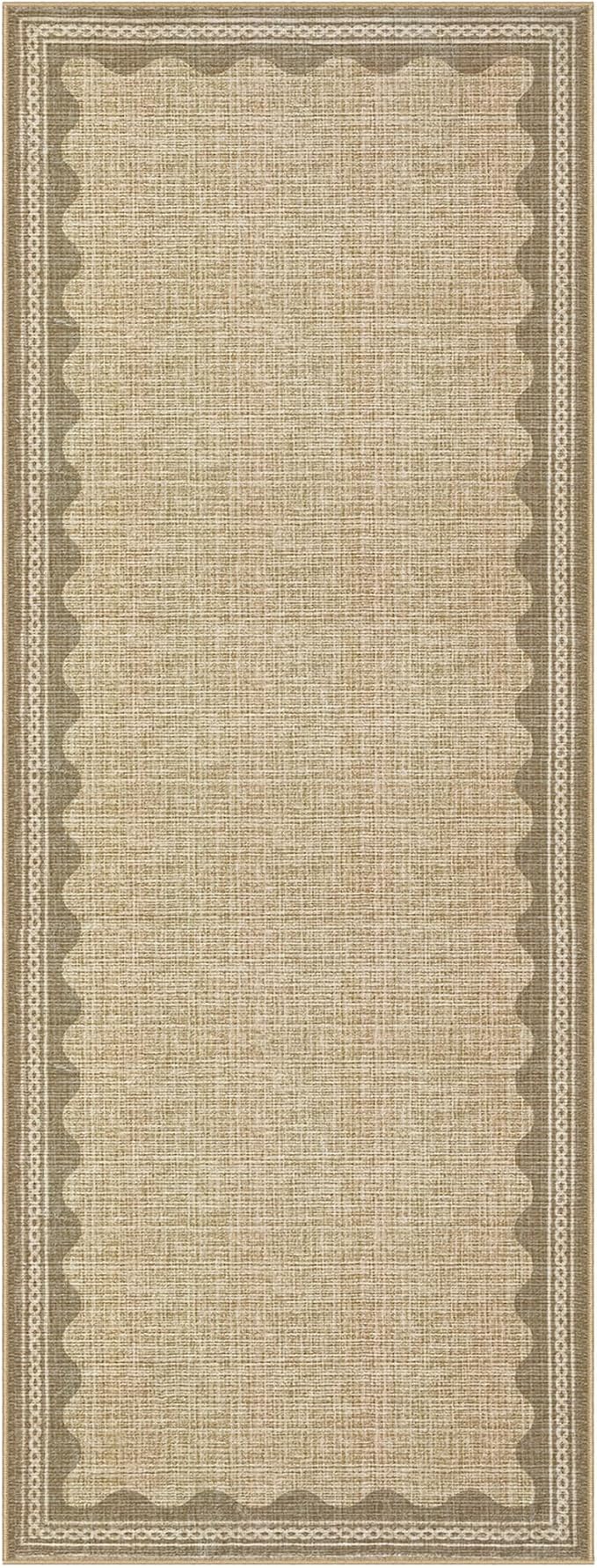 GarveeHome Scalloped 2x10 Runner Rug for Hallway Washable Kitchen Rugs Non Slip Solid Tan Jute Digital Printing Modern Soft Low-Pile Rugs for Entryway Laundry Room Floor Mats