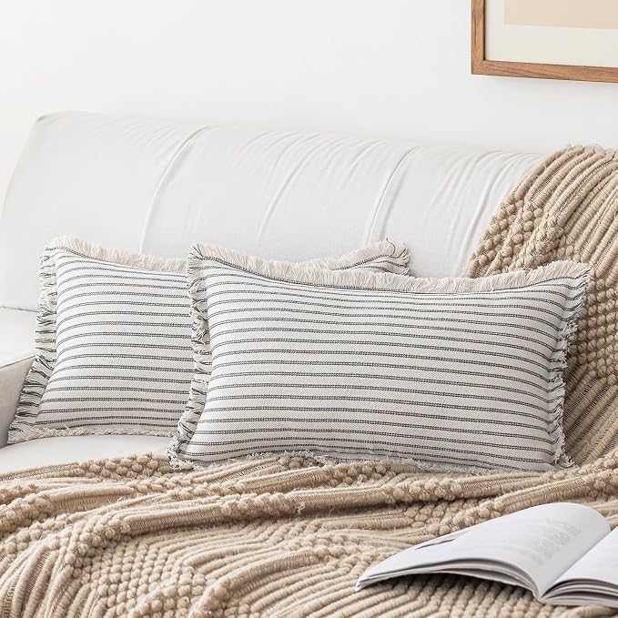 YEENAASY Throw Pillow Covers 12x20 Set of 2 Striped Fringe Pillow Cover Farmhouse Cushion Covers with Tassel Neutral Boho Pillows Decorative Square Pillowcase for Couch Sofa Bed, Grey