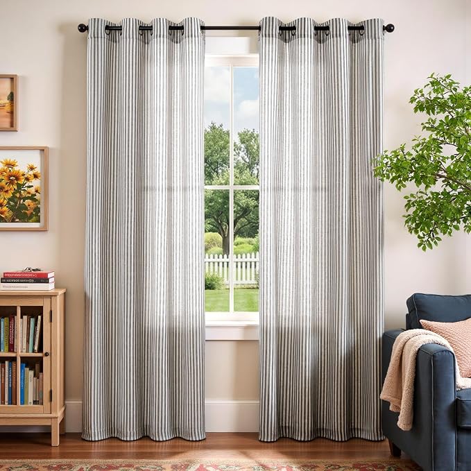 Vangao Linen Striped Curtains for Living Room Bedroom Farmhouse Tickingstripe Light Filtering Window Curtains Printed Drapes Grommet Top 2 Panels Charcoal Grey W50 x L84 Inch