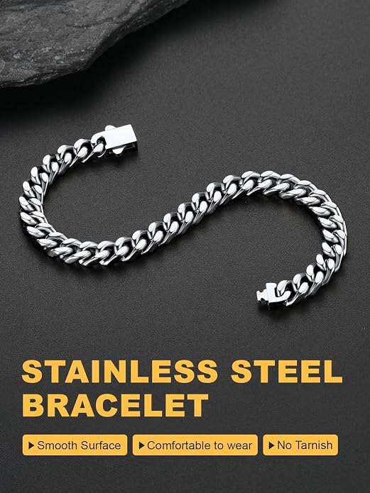U7 Cuban Link Bracelets for Men Stainless Steel Wrist Bracelet Silver Black Gold Cuban Hand Chain Bracelet for Mens Women, 5/7/9/12mm Width, 7.5/8.3/9 Inch Length Classic Jewelry with Box Packed